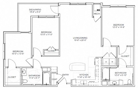 Floor plan for 3 beds, 2 baths, 1415 sqft